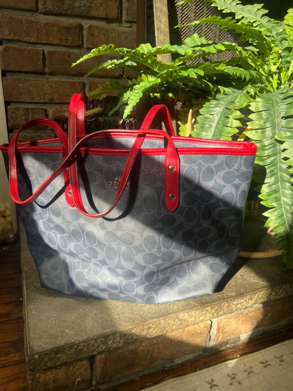 Coach Navy Signature Tote with Red Trim